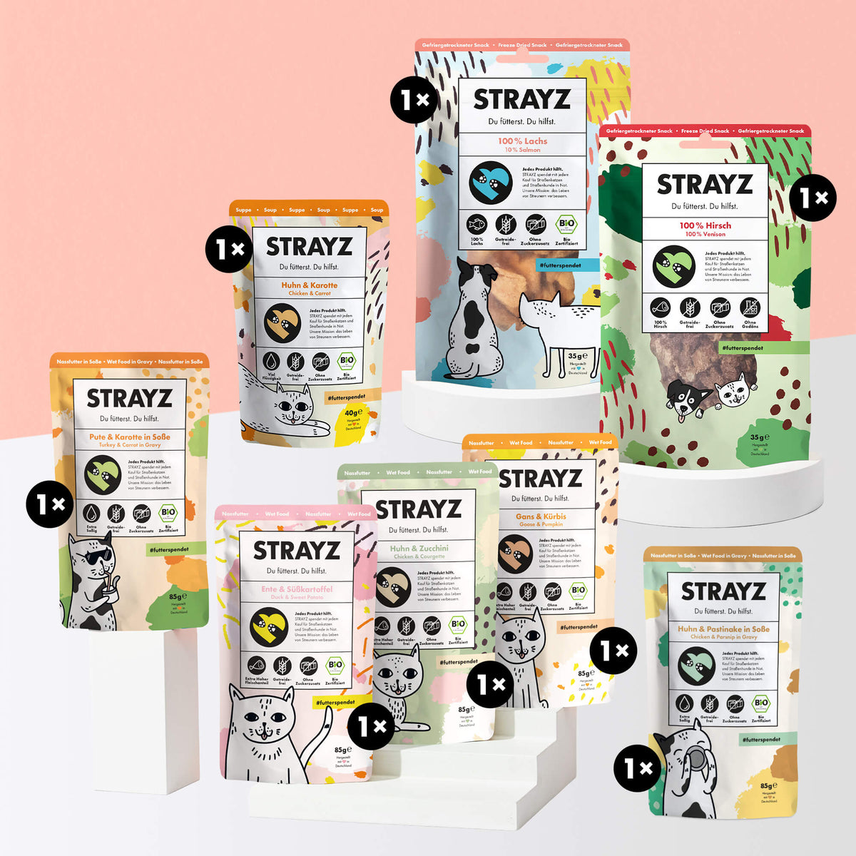 Die beliebtesten Produkte für Katzen von STRAYZ in einem Paket. 3x Bio-Nassfutter in den Sorten Ente & Süßkartoffel, Huhn & Zucchini, Gans & Kürbis. 2x Bio-Nassfutter in Soße Pute & Karotte sowie Huhn & Pastinake. Dazu kommt die beliebte Bio-Suppe Huhn & Karotte und zwei gefriergetrocknete Snacks in den Sorten Bio-Lachs und Hirsch.