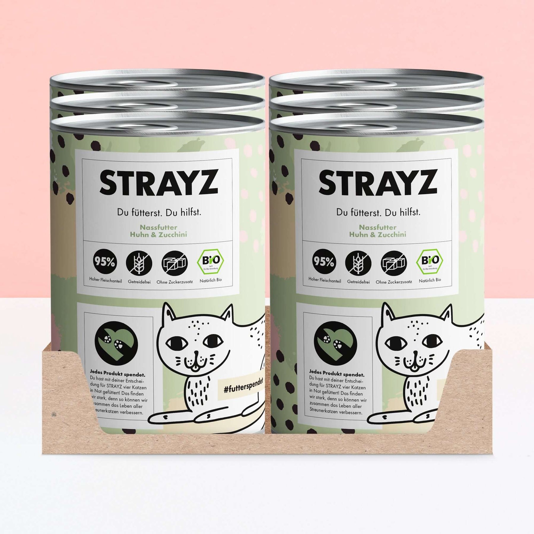 STRAYZ Bio Katzenfutter Nassfutter Sparpaket 6x400g Dose Huhn & Zucchini
