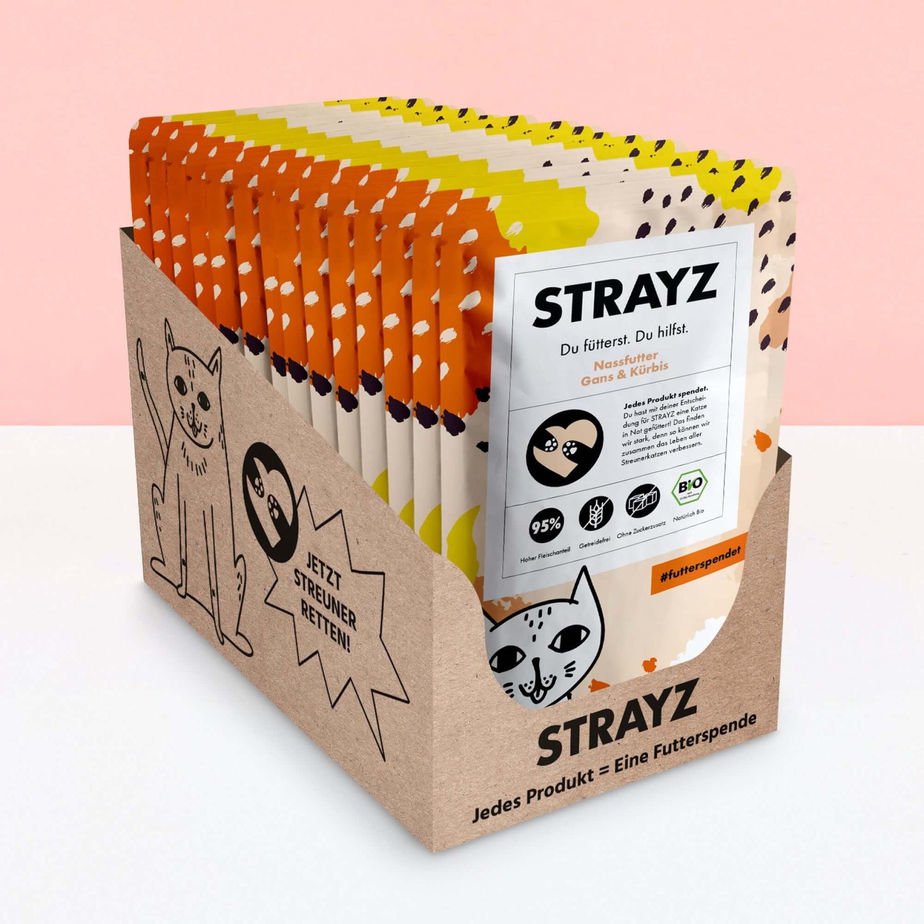 STRAYZ Bio Katzenfutter Nassfutter Sparpaket 14x85g Beutel Gans & Kürbis