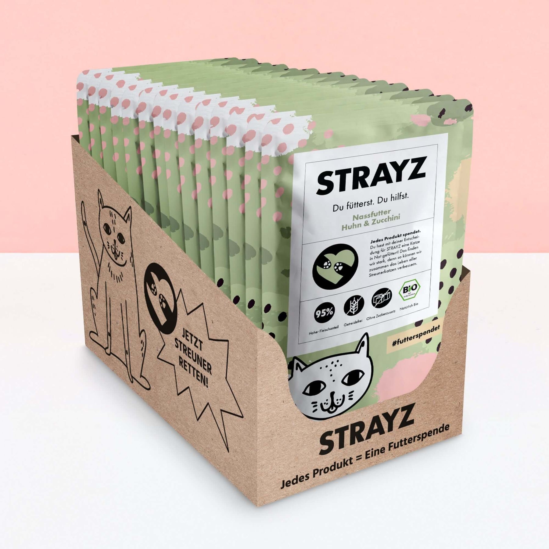 STRAYZ Bio Katzenfutter Nassfutter Sparpaket 14x85g Dose Huhn & Zucchini