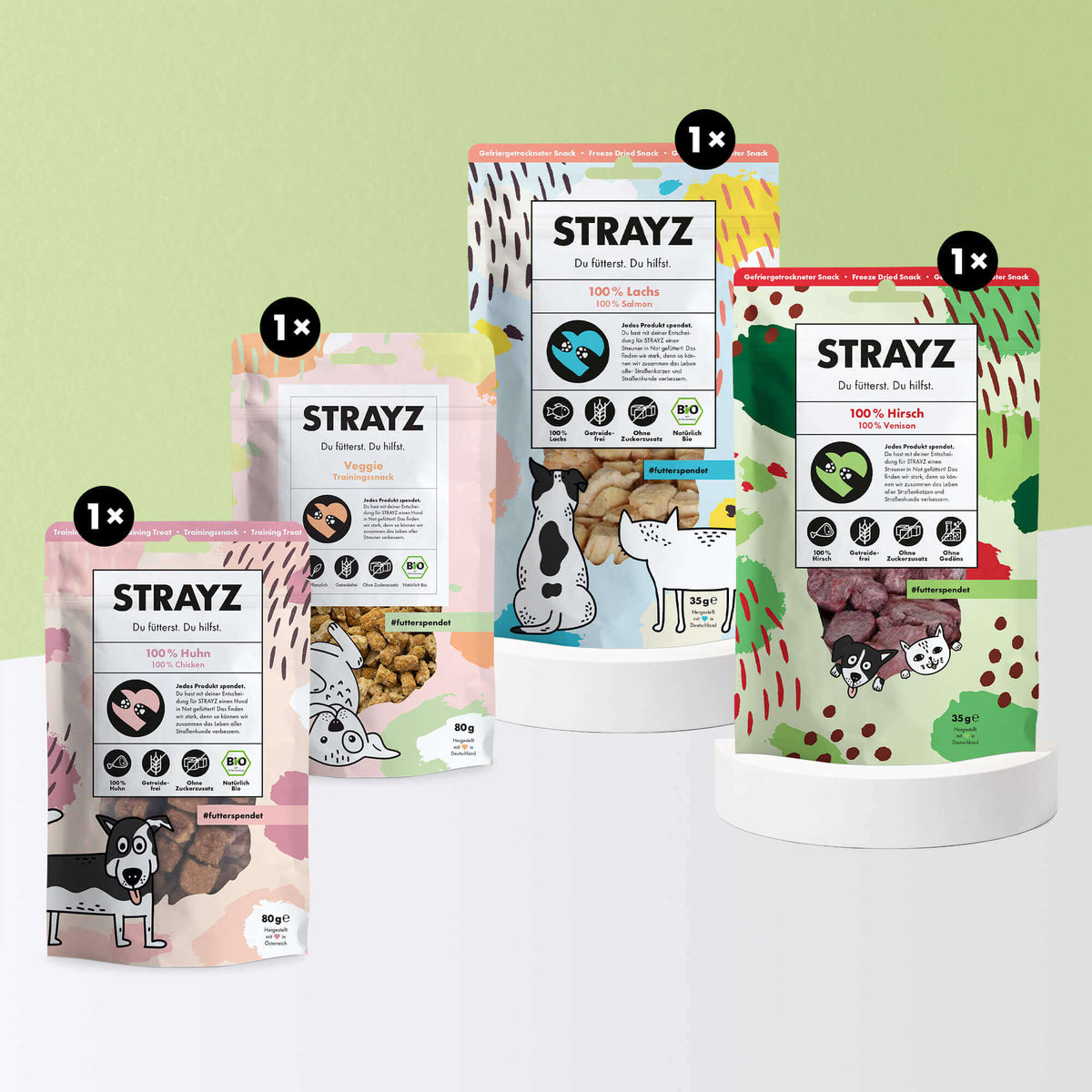 Das Hundesnack Probierpaket von STRAYZ besteht aus vier Leckerlie Sorten der sozialen Bio-Futtermarke aus Berlin. Im Paket ist jeweils 1x enthalten: Bio-Trainingssnack 100% Huhn und Veggie sowie die gefriergetrockneten Snacks in den Sorten 100 % Hirsch und 100 % Lachs. Die Snacks sind alle ohne Zucker und Getreide sowie Konservierungsmittel. Zudem enthalten sie jeweils nur eine Proteinquelle und sind damit für Allergiker geeignet.