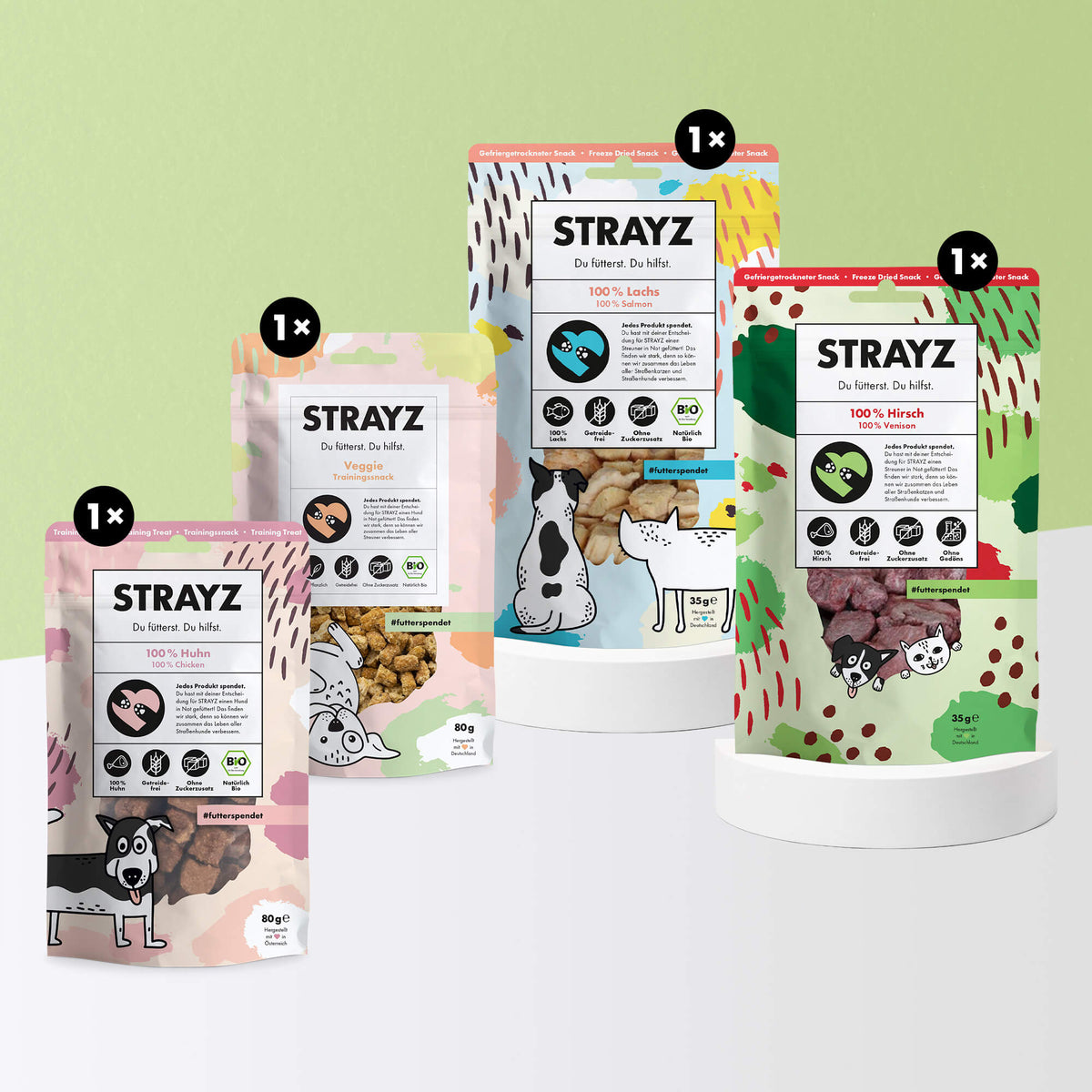 Das Hundesnack Probierpaket von STRAYZ besteht aus vier Leckerlie Sorten der sozialen Bio-Futtermarke aus Berlin. Im Paket ist jeweils 1x enthalten: Bio-Trainingssnack 100% Huhn und Veggie sowie die gefriergetrockneten Snacks in den Sorten 100 % Hirsch und 100 % Lachs. Die Snacks sind alle ohne Zucker und Getreide sowie Konservierungsmittel. Zudem enthalten sie jeweils nur eine Proteinquelle und sind damit für Allergiker geeignet.