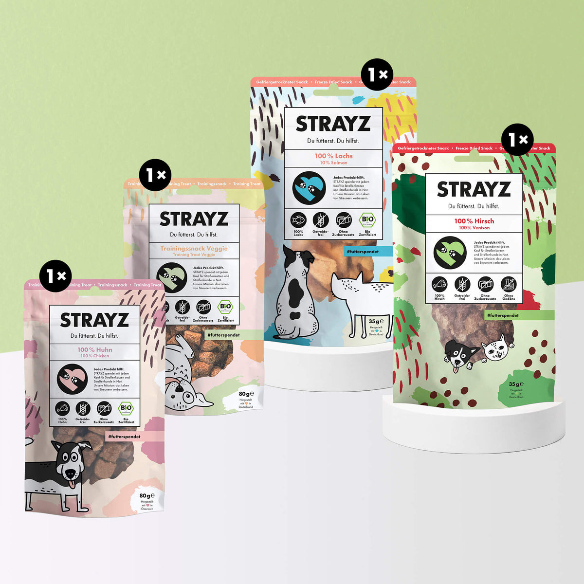 Das Hundesnack Probierpaket von STRAYZ besteht aus vier Leckerlie Sorten der sozialen Bio-Futtermarke aus Berlin. Im Paket ist jeweils 1x enthalten: Bio-Trainingssnack 100% Huhn und Veggie sowie die gefriergetrockneten Snacks in den Sorten 100 % Hirsch und 100 % Lachs. Die Snacks sind alle ohne Zucker und Getreide sowie Konservierungsmittel. Zudem enthalten sie jeweils nur eine Proteinquelle und sind damit für Allergiker geeignet.