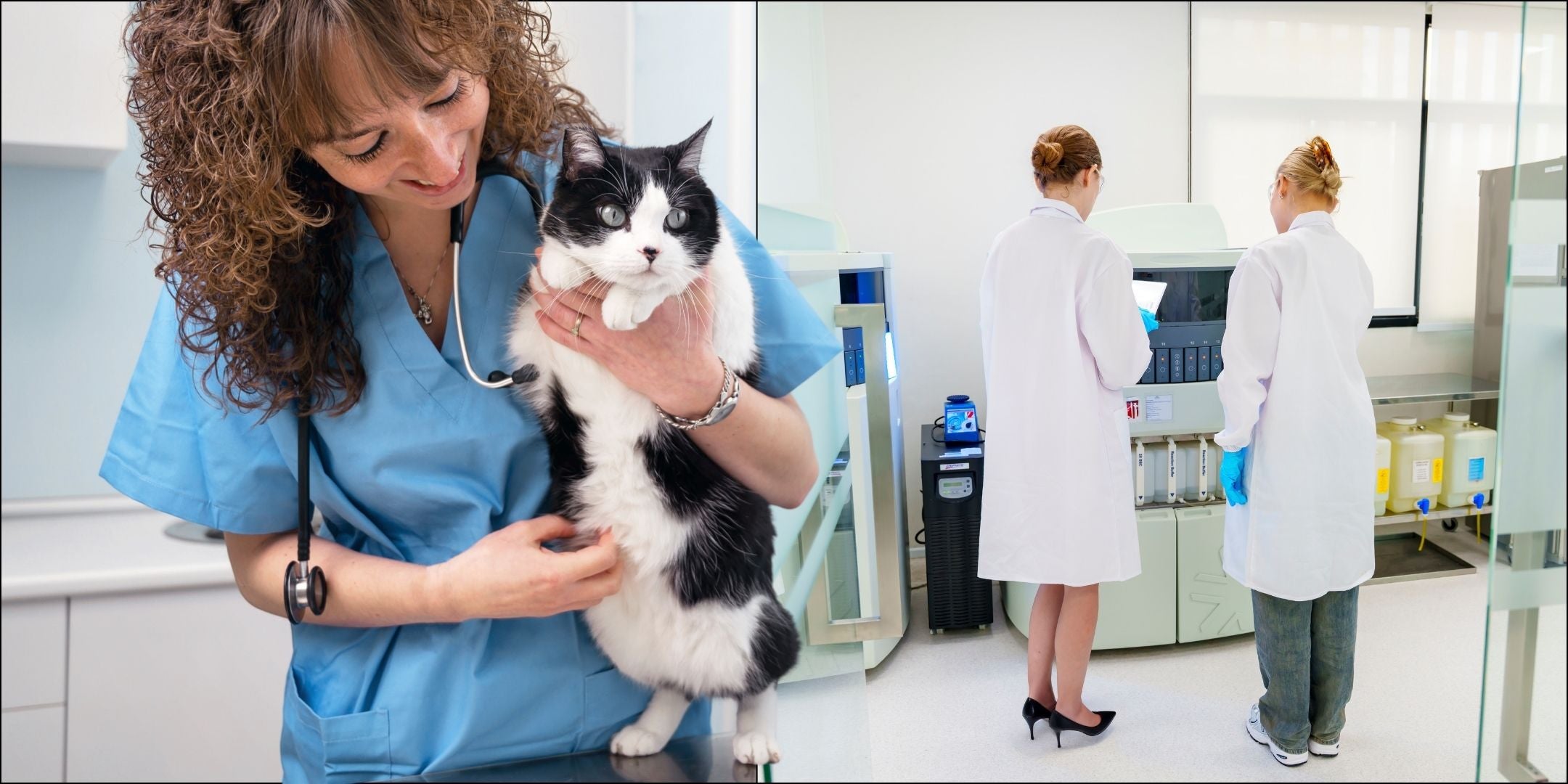Tierärztin hält eine Katze im Arm und zwei Wissenschaftlerinnen im Labor.