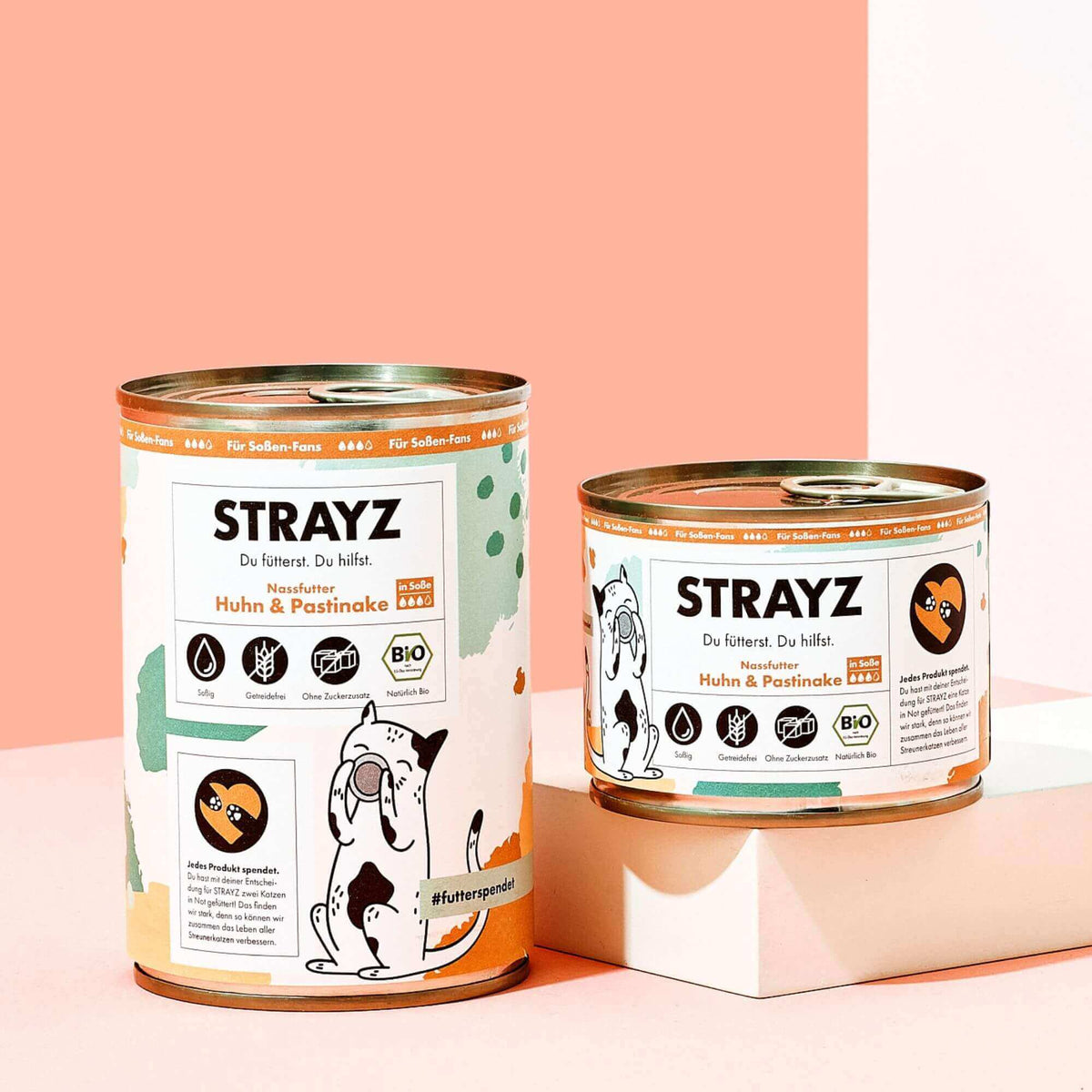 Bio Nassfutter in Soße für Katzen. Hoher Fleischanteil, Kein Zucker, Kein Getreide, Keine Bindemittel. Sorte Huhn & Pastinake. Konsistenz: Feines Ragout in Soße. Erhältlich als 400g Dose und 200g Dose.