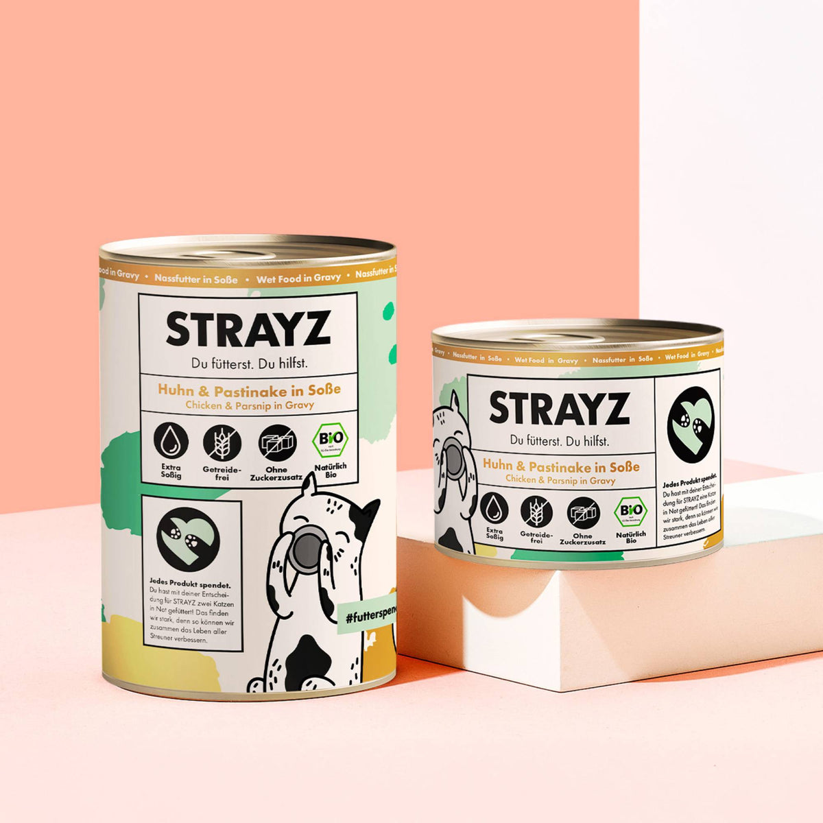 Bio Nassfutter in Soße für Katzen. Hoher Fleischanteil, Kein Zucker, Kein Getreide, Keine Bindemittel. Sorte Huhn & Pastinake. Konsistenz: Feines Ragout in Soße. Erhältlich als 400g Dose und 200g Dose.