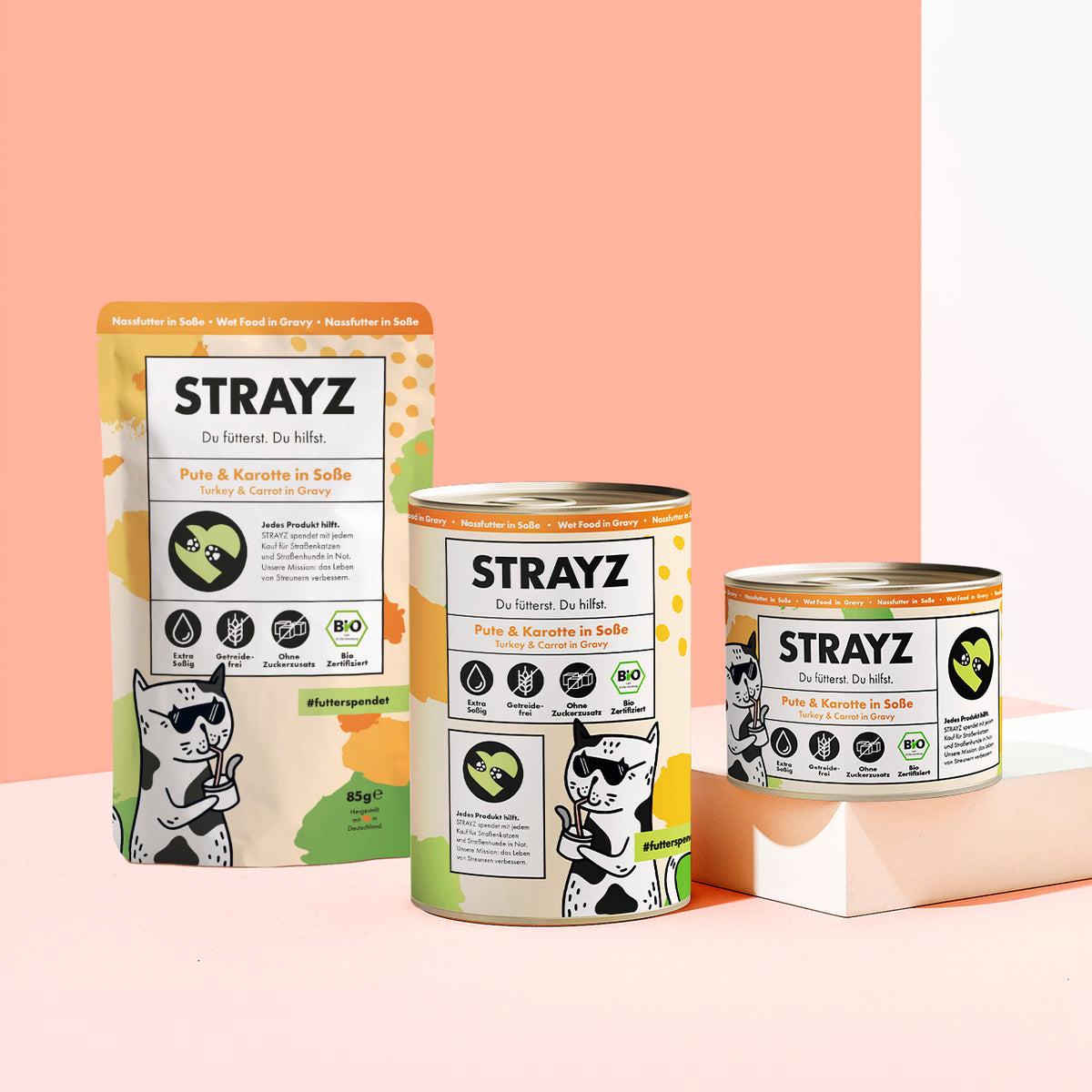 STRAYZ Bio Katzenfutter in Soße Pute & Karotte in Soße erhältlich in 200g und 400g