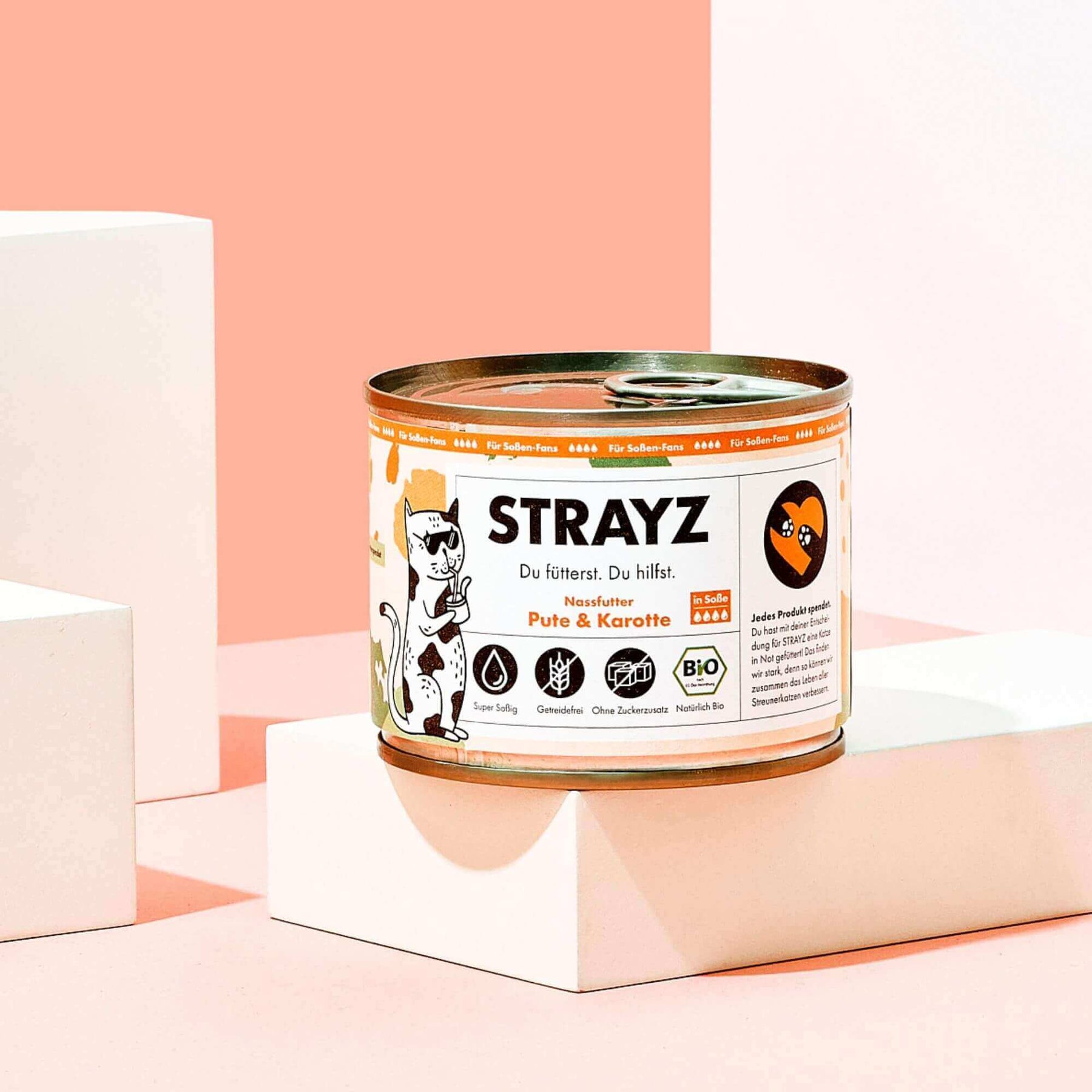 Bio Nassfutter in Soße für Katzen. Hoher Fleischanteil, Kein Zucker, Kein Getreide, Keine Bindemittel. Sorte Pute & Karotte. Konsistenz: Feines Ragout in Soße. 200g Dose