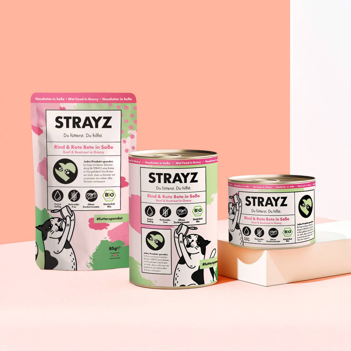 Bio Nassfutter in Soße für Katzen. Hoher Fleischanteil, Kein Zucker, Kein Getreide, Keine Bindemittel. Sorte Rind & Rote Bete. Konsistenz: Feines Ragout in Soße. Erhältlich als 400g Dose und 200g Dose.