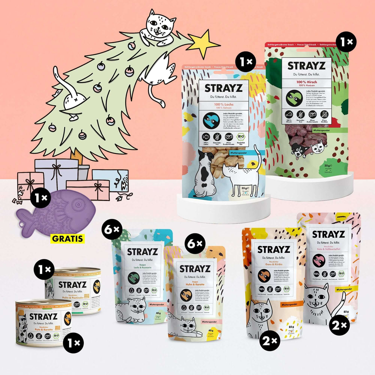 Bio Katzenfutter & Bio Katzensnacks von STRAYZ in einem weihnachtlichen Paket. 1x Lachs Snack, 1x Hirsch Snack, 6x Suppe Lachs, 6x Suppe Huhn, 1x Nassfutter in Soße Huhn, 1x Nassfutter in Soße Pute, 1x Nassfutter Ente & Süßkartoffel, 1x Nassfutter Gans & Kürbis