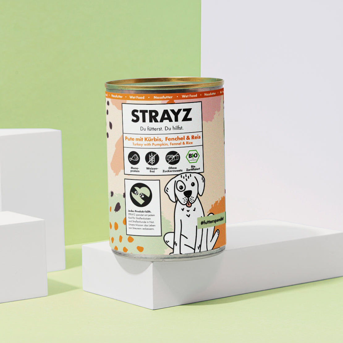 Bio Hundefutter ohne Zucker und Gluten von STRAYZ in einer 400g Dose.