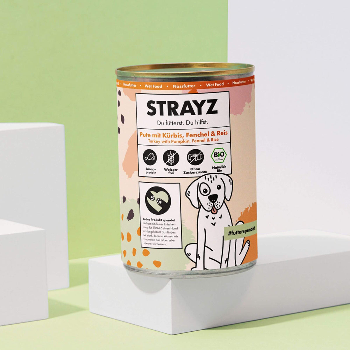 Bio Hundefutter ohne Zucker und Gluten von STRAYZ in einer 400g Dose.