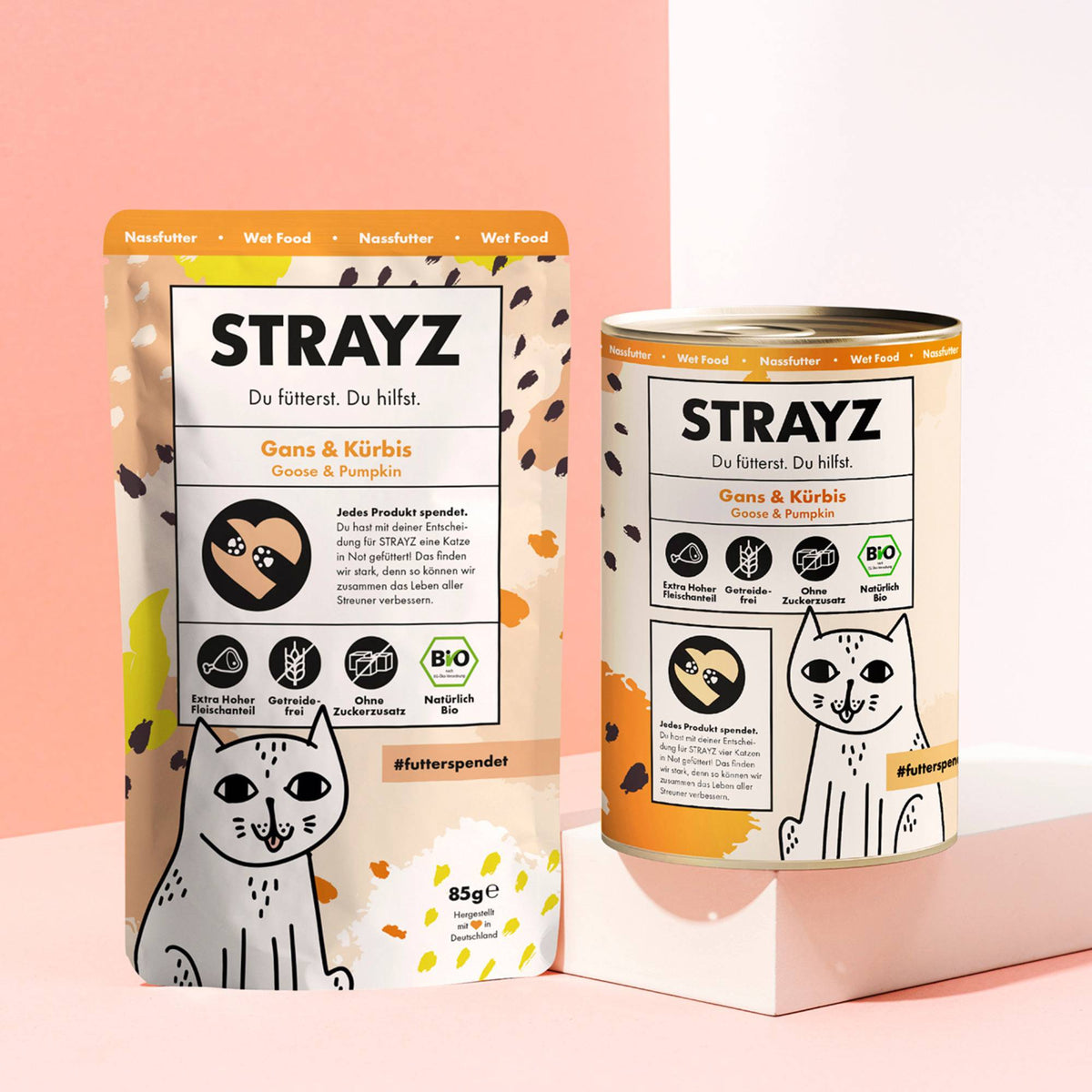 STRAYZ Bio Katzenfutter Gans & Kürbis im 85g Beutel und 400g Dose.
