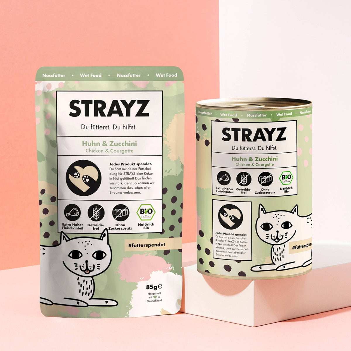 STRAYZ Bio Katzenfutter Huhn & Zucchini im 85g Beutel und 400g Dose.