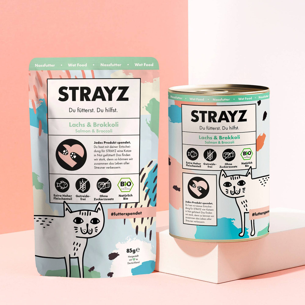 STRAYZ Bio Katzenfutter Lachs & Brokkoli im 85g Beutel und 400g Dose.