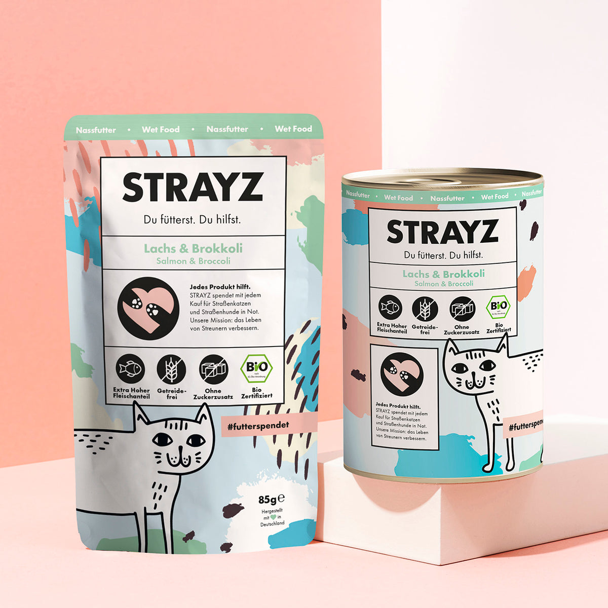 STRAYZ Bio Katzenfutter Lachs & Brokkoli im 85g Beutel und 400g Dose.