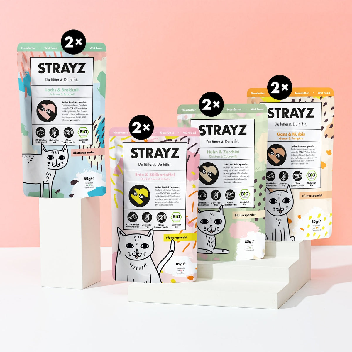 Bio Katzenfutter mit hohem Fleischanteil von STRAYZ - Probierpaket mit 2x Lachs, 2x Ente, 2x Huhn und 2x Gans