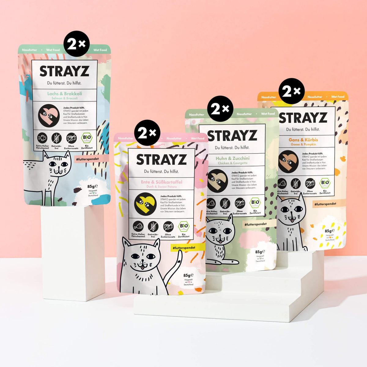 Bio Katzenfutter mit hohem Fleischanteil von STRAYZ - Probierpaket mit 2x Lachs, 2x Ente, 2x Huhn und 2x Gans