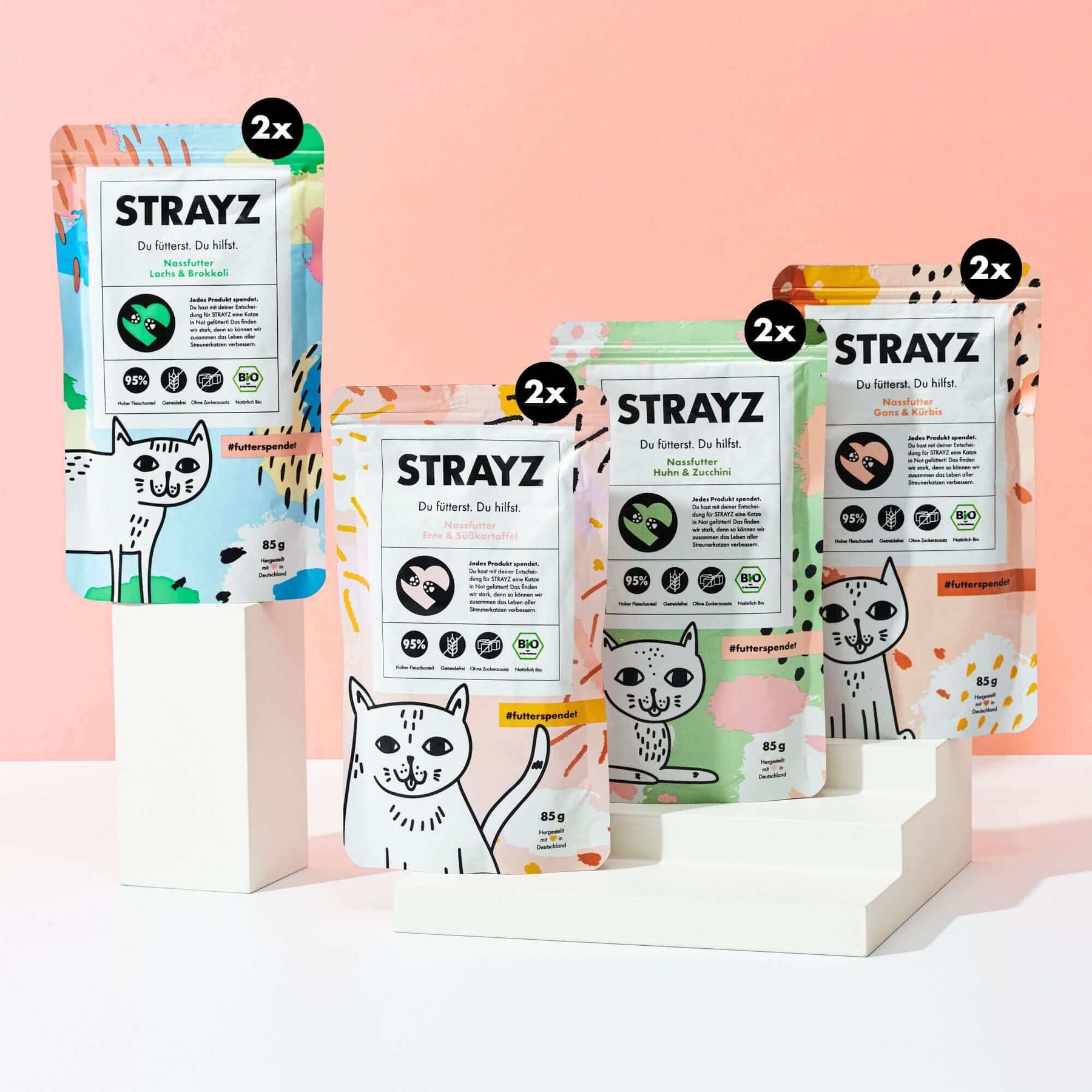Bio Katzenfutter mit hohem Fleischanteil von STRAYZ - Probierpaket mit 2x Lachs, 2x Ente, 2x Huhn und 2x Gans