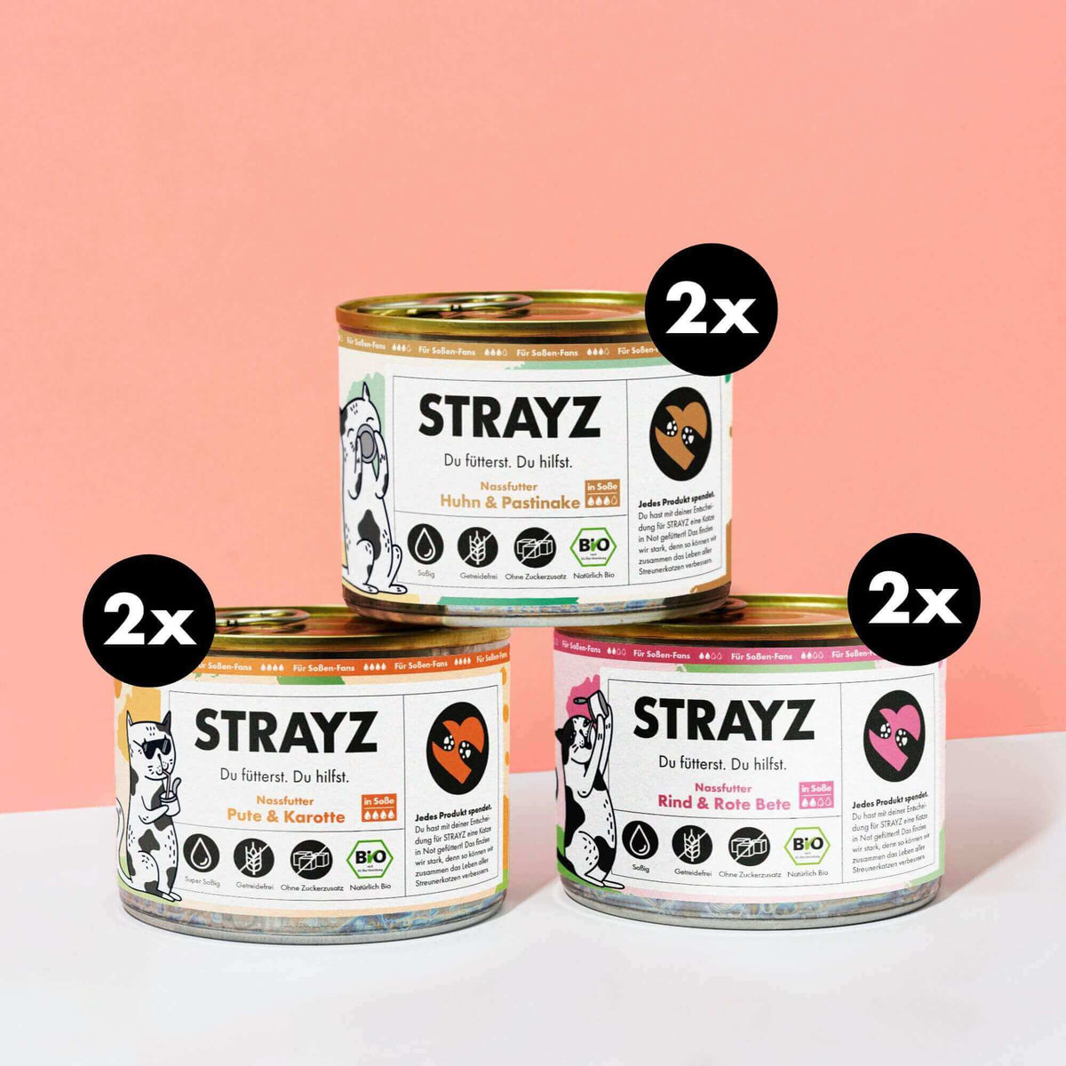 Bio Nassfutter in Soße für wählerische Katzen. Probierpaket von STRAYZ mit Huhn, Pute und Rind. Ohne Bindemittel, Zuckerzusatz und Getreide. Monoprotein.