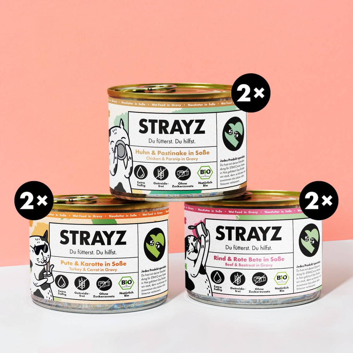 Bio Nassfutter in Soße für wählerische Katzen. Probierpaket von STRAYZ mit Huhn, Pute und Rind. Ohne Bindemittel, Zuckerzusatz und Getreide. Monoprotein.
