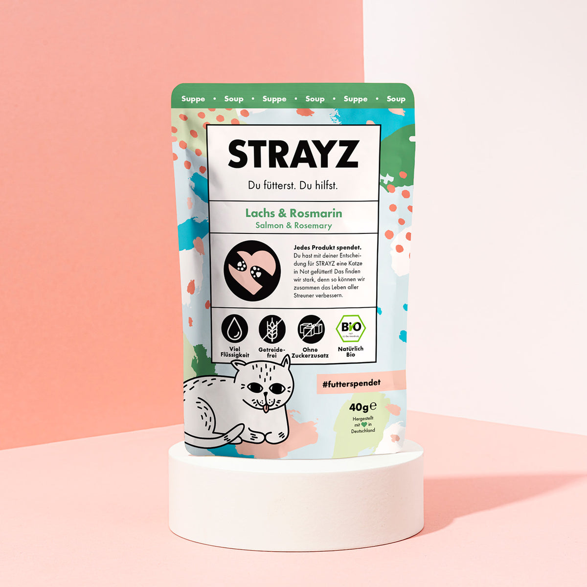 Bio Katzensuppe mit Lachs & Rosmarin ohne Zucker und Getreide im praktischen 40g Beutel.