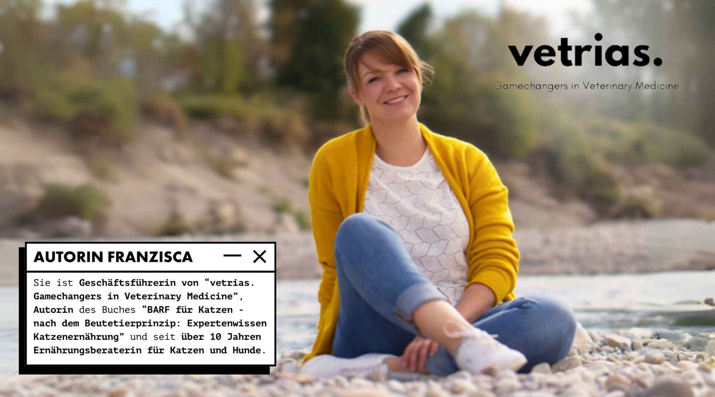 Franzisca Flattenhutter ist ganzheitliche Therapeutin und Ernährungsberaterin für Katzen und Hunde. Sie ist Expertin für BARF und Katzen-Senioren und Hunde-Senioren. Auf diesem Bild sitzt Franzisca in der Natur.