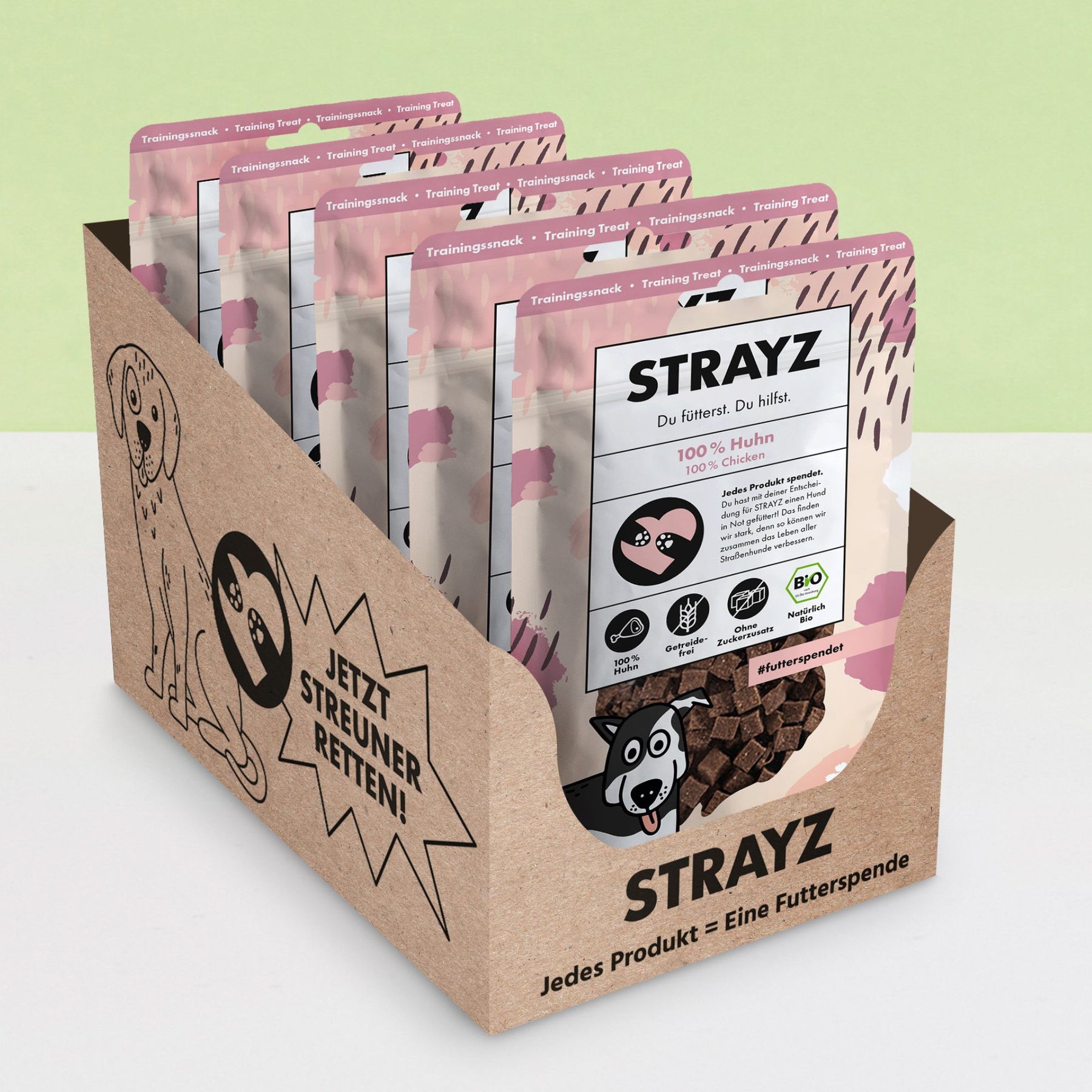 Hundeleckerli aus 100% Bio-Huhn von STRAYZ. Frei von Zucker, Getreide und Füllstoffen. Jedes Produkt spendet für Straßenhunde in Not. In jedem Beutel sind 80 Gramm Snacks enthalten. Die Snacks sind kleine Würfel. Box mit 5 x 50 Gramm.