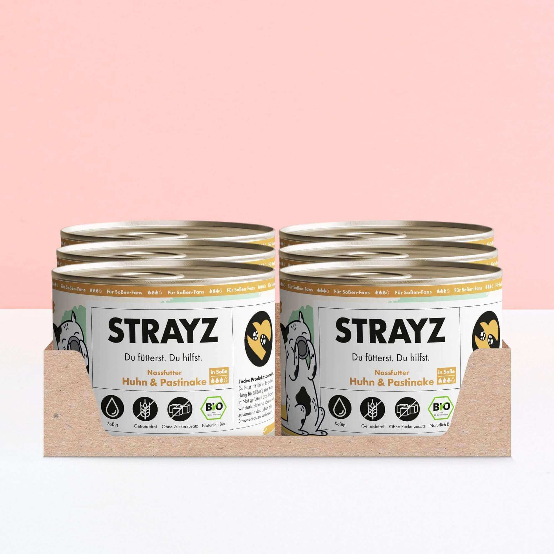Bio Katzenfutter in Soße Huhn & Pastinake von STRAYZ. 6x200g Dosen. 70% Fleischanteil. Hoher Fleischanteil. Ohne Zucker und Ohne Getreide. Keine Bindemittel.