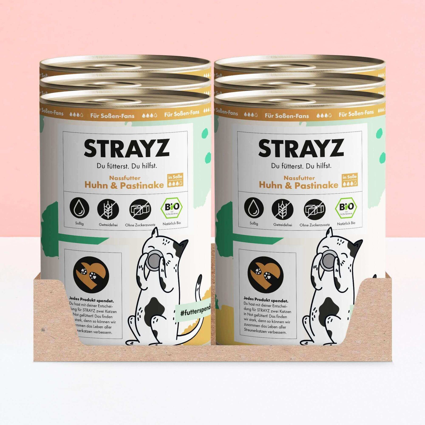 Bio Katzenfutter in Soße Huhn & Pastinake von STRAYZ. 6x400g Dosen. 70% Fleischanteil. Hoher Fleischanteil. Ohne Zucker und Ohne Getreide. Keine Bindemittel.