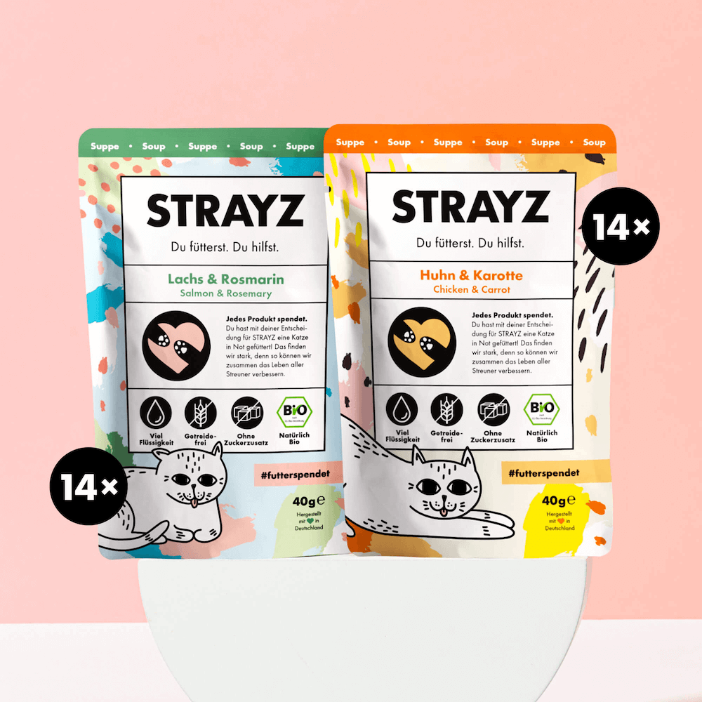 Sparpaket Katzensuppen von STRAYZ. Enthalten sind 14 mal Lachs und 14 mal Huhn.