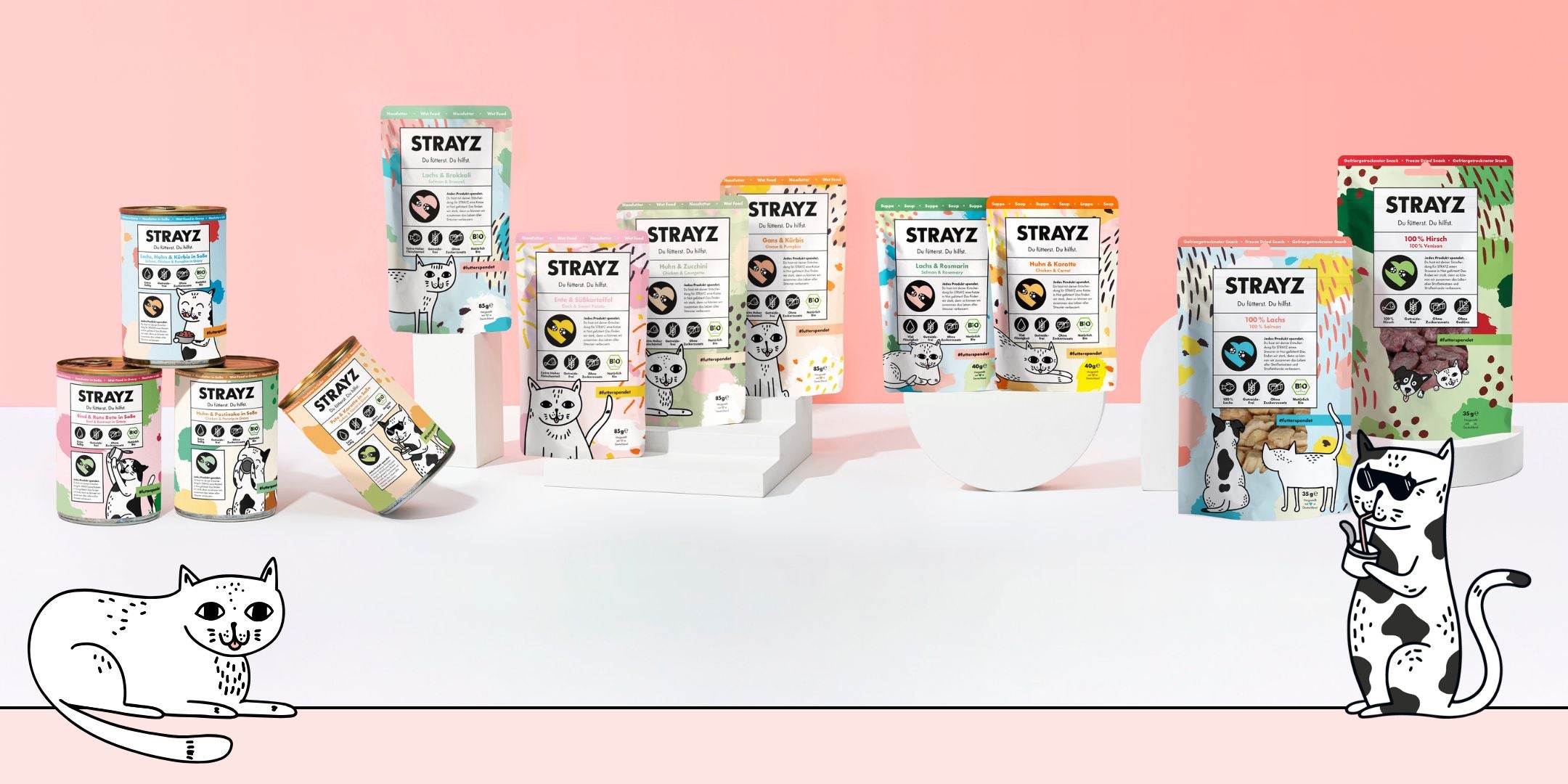 STRAYZ Bio Katzenfutter Nassfutter mit 95% Fleischanteil, Nassfutter in Soße, Katzensuppen und Leckerlis für Katzen