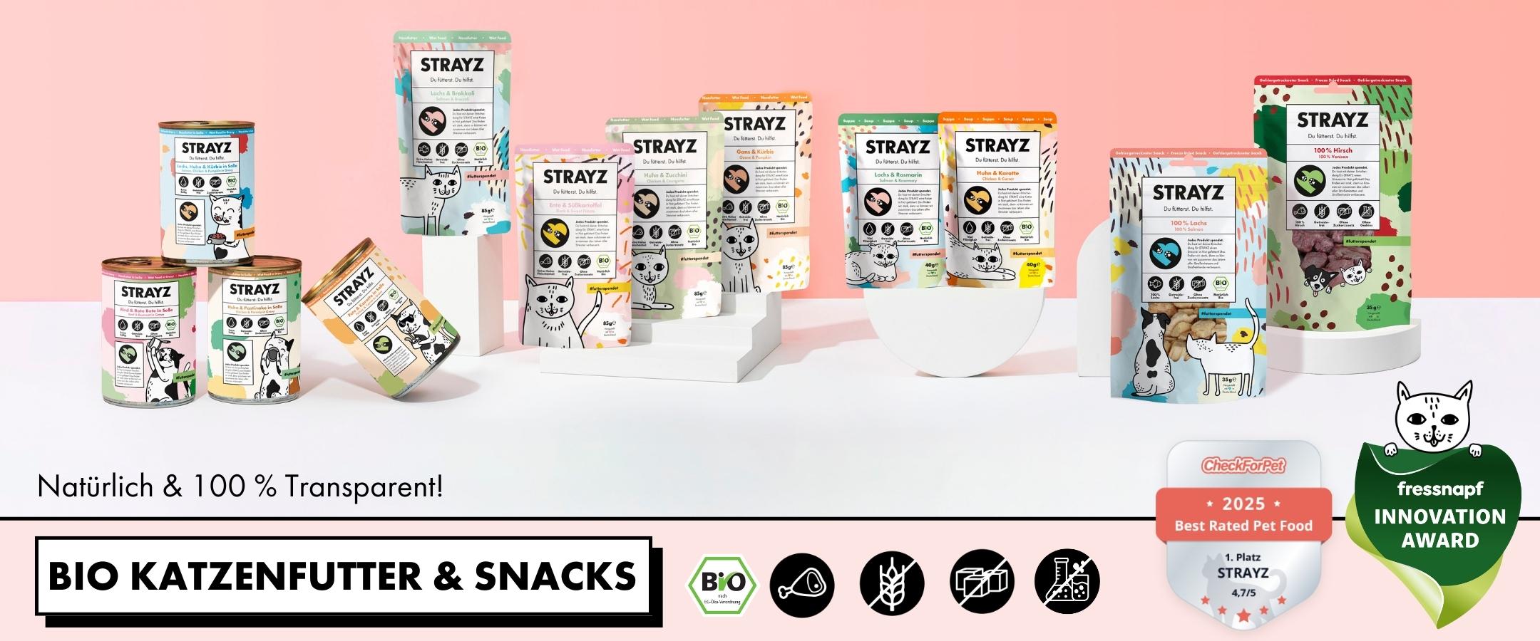 Bio Katzenfutter mit hohem Fleischanteil ohne Getreide und Zucker von STRAYZ. Ausgezeichnet mit dem Fressnapf Innovation Award.