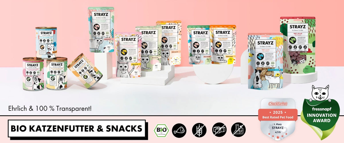 Bio Katzenfutter mit hohem Fleischanteil ohne Getreide und Zucker von STRAYZ. Ausgezeichnet mit dem Fressnapf Innovation Award.