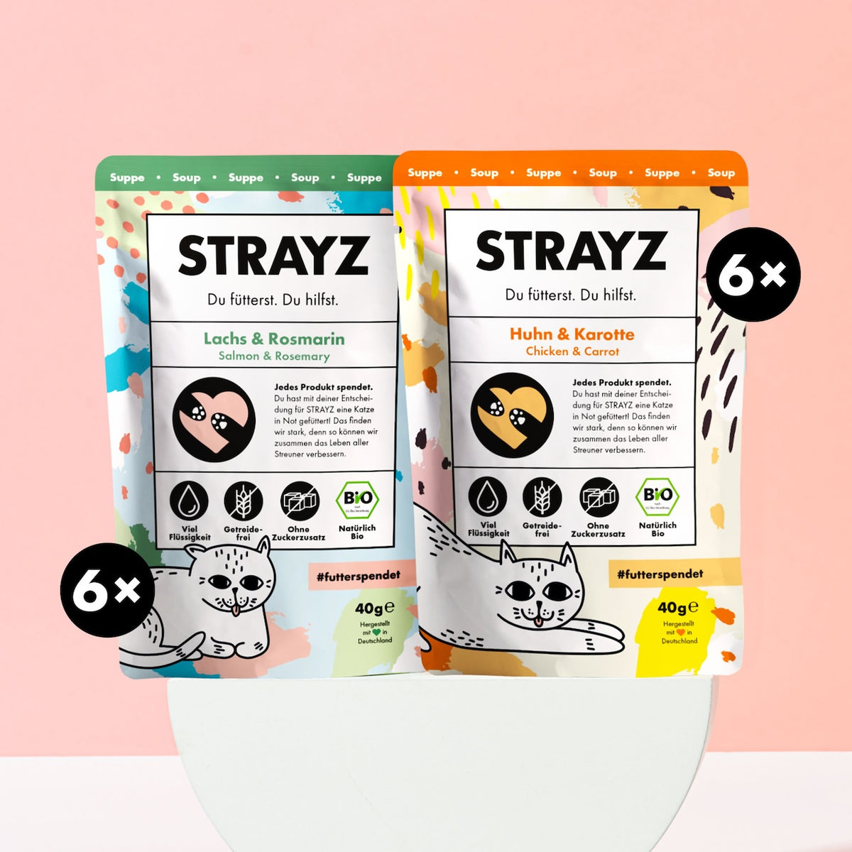 STRAYZ Katzensuppen Huhn & Karotte und Lachs & Rosmarin für trinkfaule Katzen
