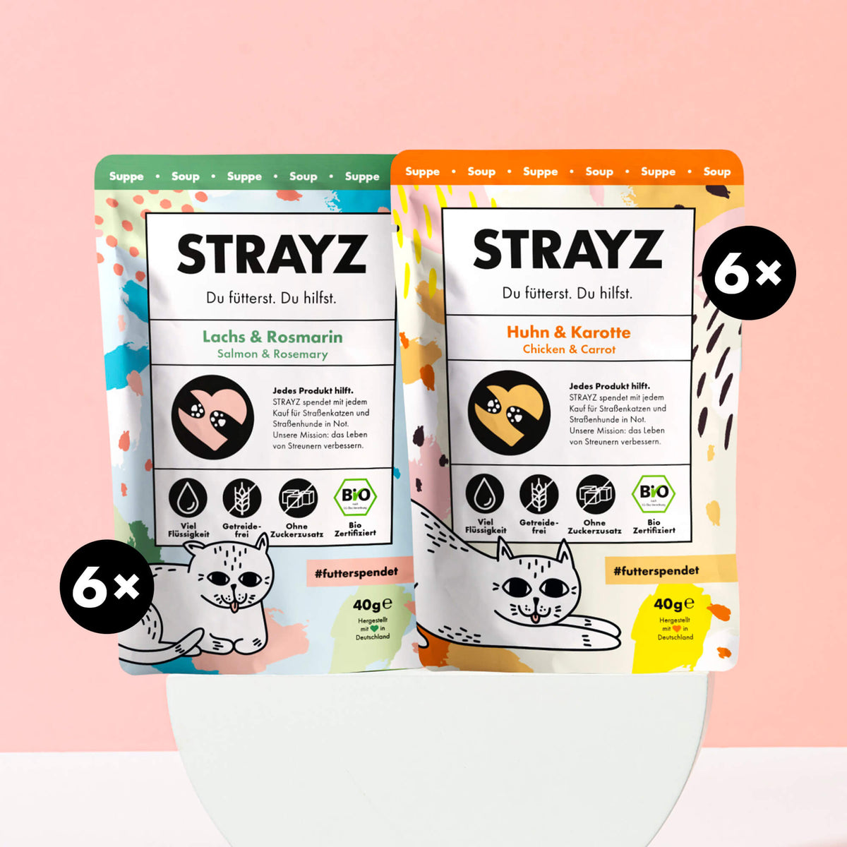 STRAYZ Katzensuppen Huhn & Karotte und Lachs & Rosmarin für trinkfaule Katzen