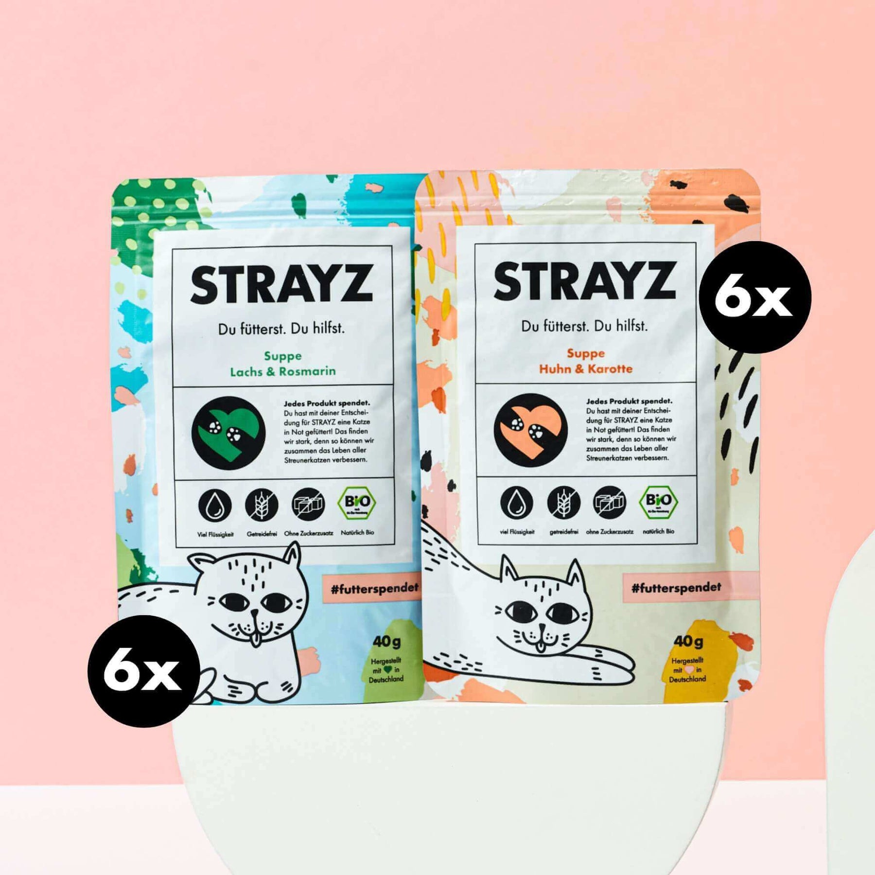 STRAYZ Katzensuppen Huhn & Karotte und Lachs & Rosmarin für trinkfaule Katzen