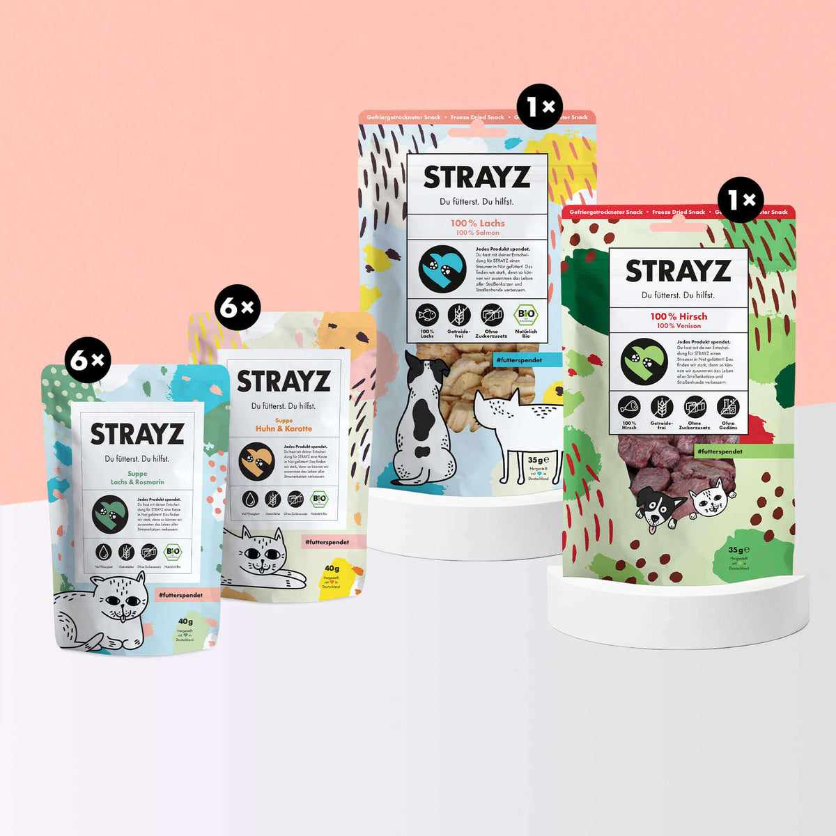 Bio-Katzensnack Probierpaket von STRAYZ. Natürliche Katzensuppen je 6x Huhn & Karotte sowie Lachs & Rosmarin. Zudem ist eine Packung gefriergetrockneter Bio-Lachs sowie Hirsch enthalten. Alle Snacks von STRAYZ sind ohne Zucker, Getreide und Konservierungsmittel.