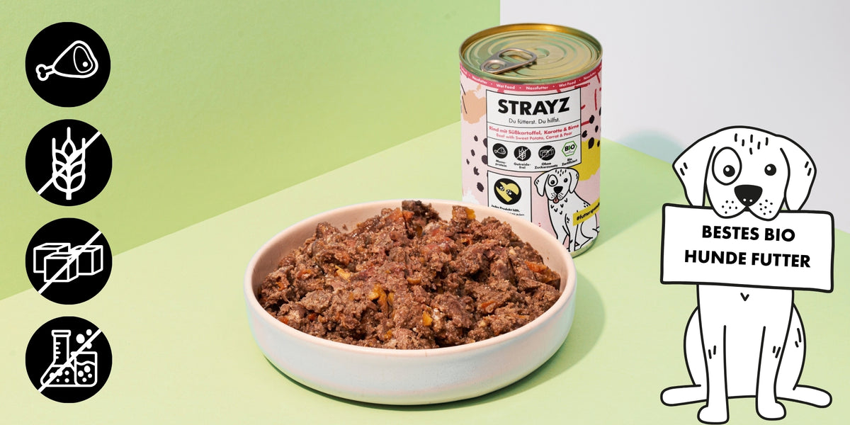 Bestes Hundefutter in Bio Qualität von STRAYZ: Rind mit Süßkartoffel, Krotte und Birne