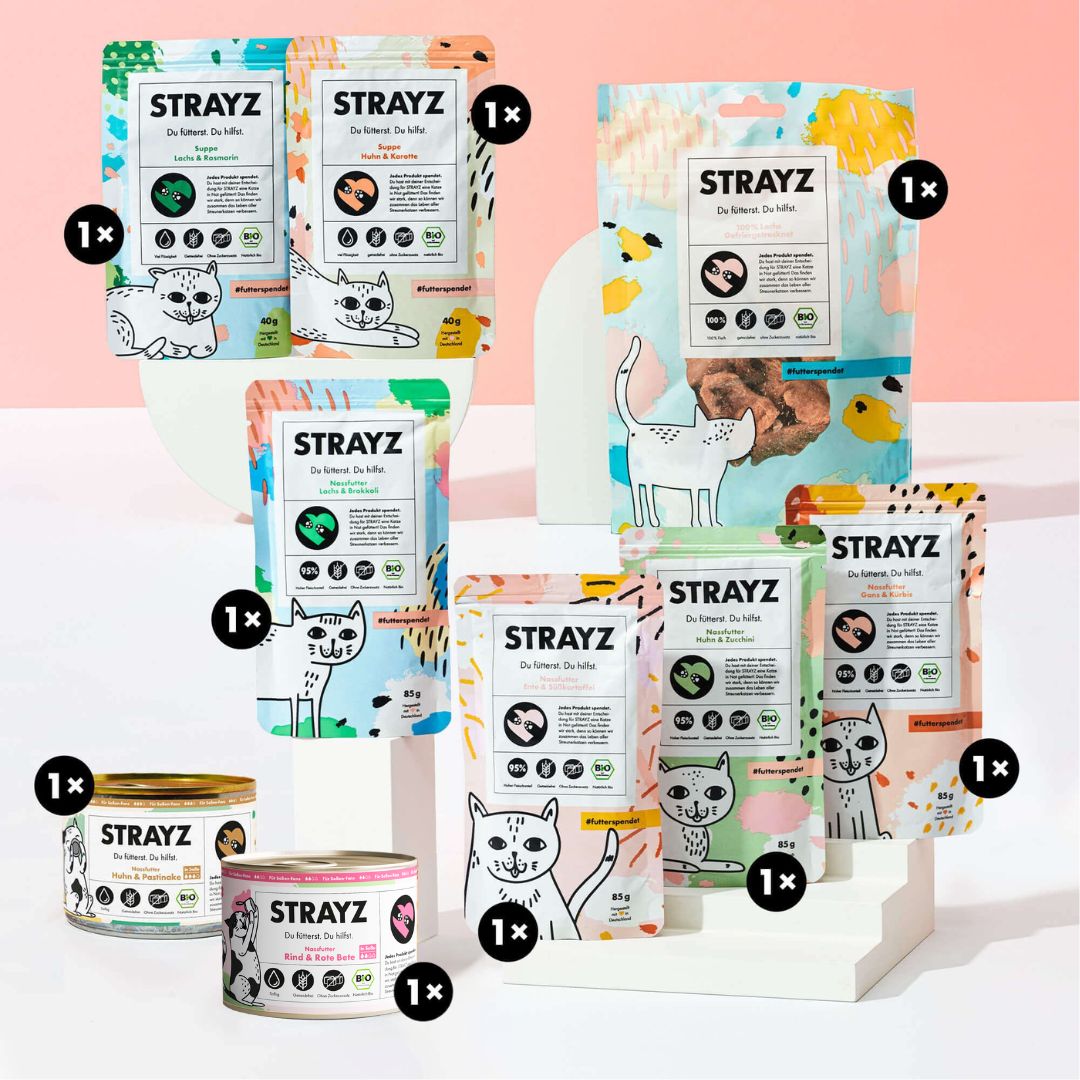 Katzenfutter Kennenlernpaket mit 95% Nassfutter, Nassfutter in Soße,  Katzensuppe und Leckerli, zum testen von STRAYZ Bio Katzenfutter.