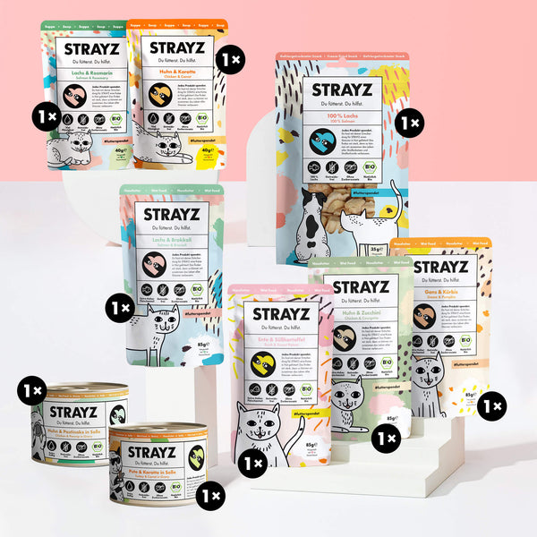 Katzenfutter Kennenlernpaket mit 95% Nassfutter, Nassfutter in Soße,  Katzensuppe und Leckerli, zum testen von STRAYZ Bio Katzenfutter.