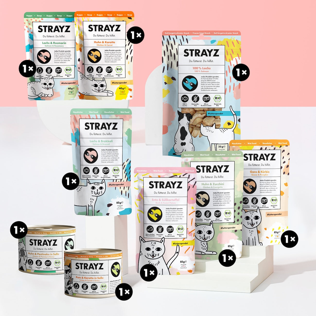 Katzenfutter Kennenlernpaket mit 95% Nassfutter, Nassfutter in Soße,  Katzensuppe und Leckerli, zum testen von STRAYZ Bio Katzenfutter.