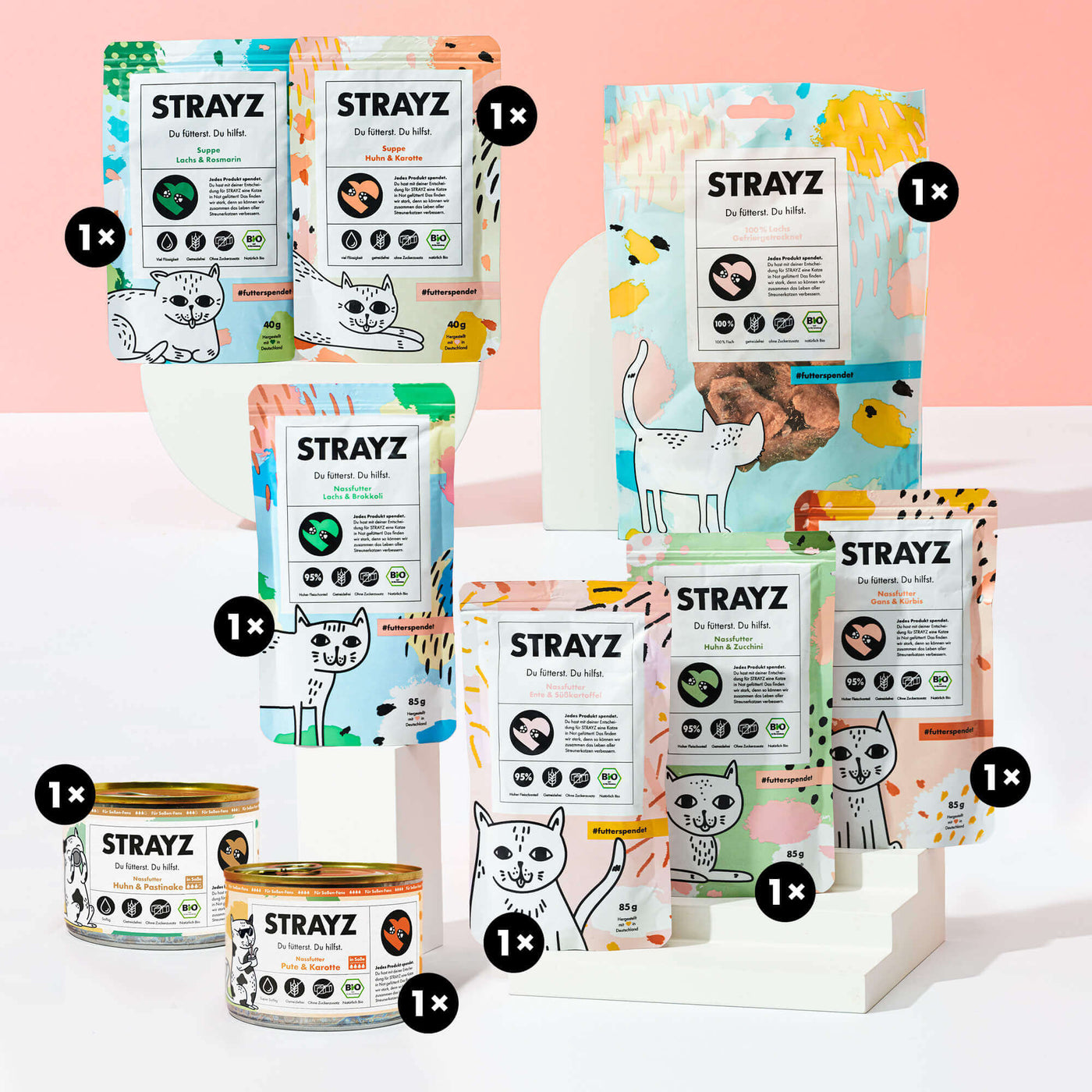 Katzenfutter Kennenlernpaket mit 95% Nassfutter, Nassfutter in Soße,  Katzensuppe und Leckerli, zum testen von STRAYZ Bio Katzenfutter.