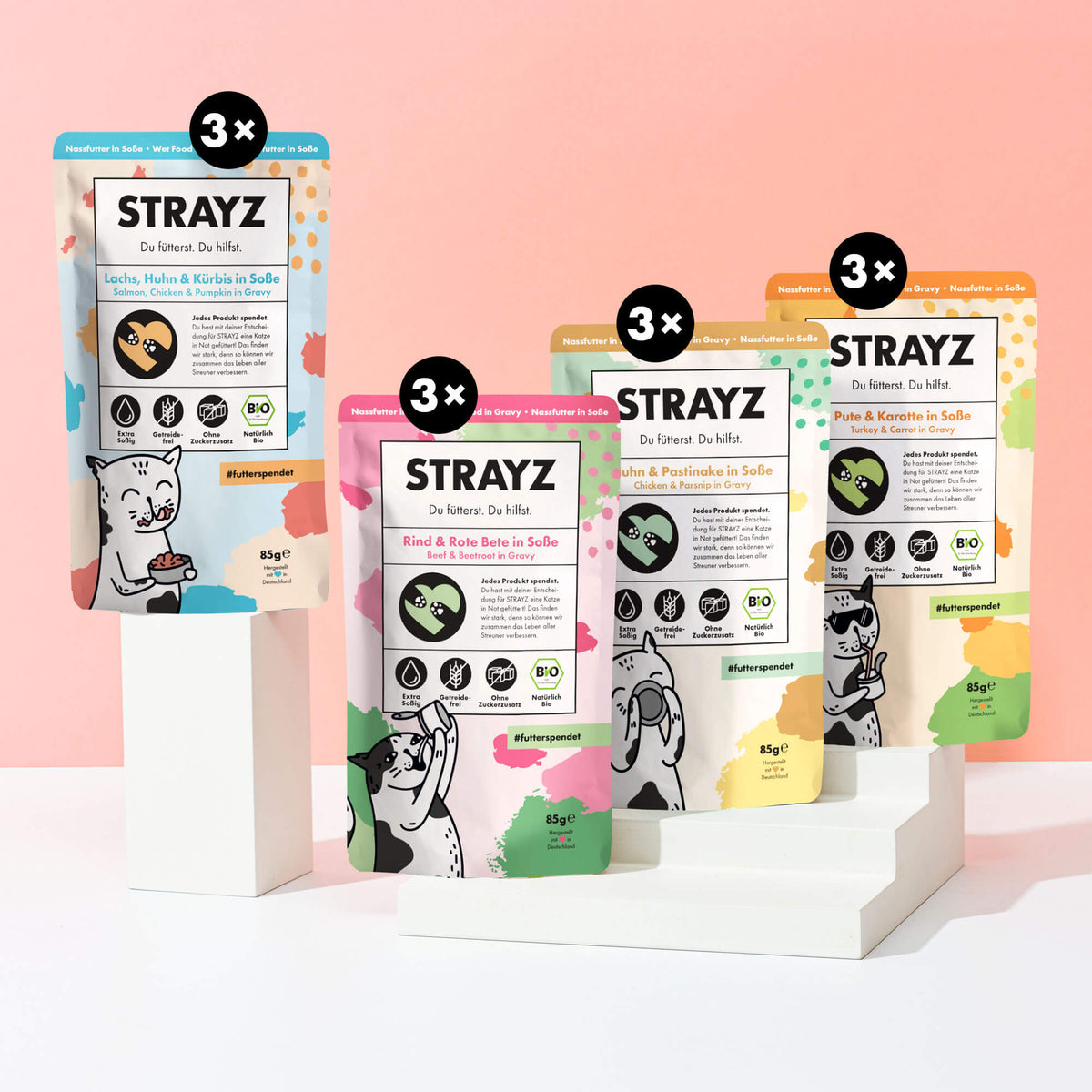 Bio-Nassfutter in Soße für Katzen von STRAYZ im praktischen Probierpaket aus je 3x Pute & Karotten in Soße in 85g, 3x Rind & Rote Bete in Soße in 85g, Huhn & Pastinake in Soße in 85g und 3x Lachs, Huhn & Kürbis in Soße in 85g Beuteln. Ohne Zuckerzusatz. Frei von Getreide und Bindemittel.