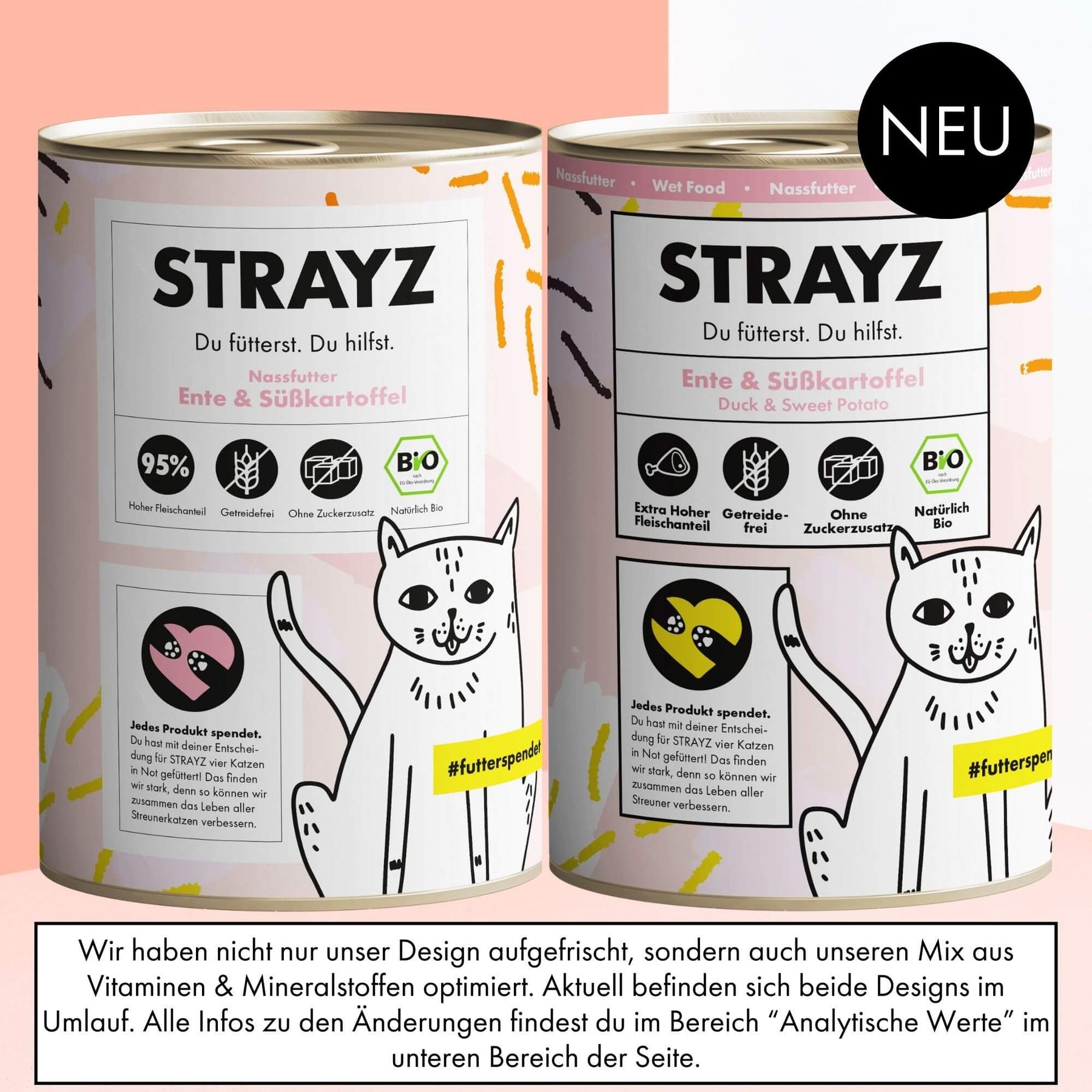 Auf diesem Bild ist das alte Design im Vergleich zum neuen Design vom Nassfutter für Katzen von STRAYZ Ente & Süßkartoffel zu sehen.