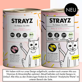 Auf diesem Bild ist das alte Design im Vergleich zum neuen Design vom Nassfutter für Katzen von STRAYZ Ente & Süßkartoffel zu sehen.
