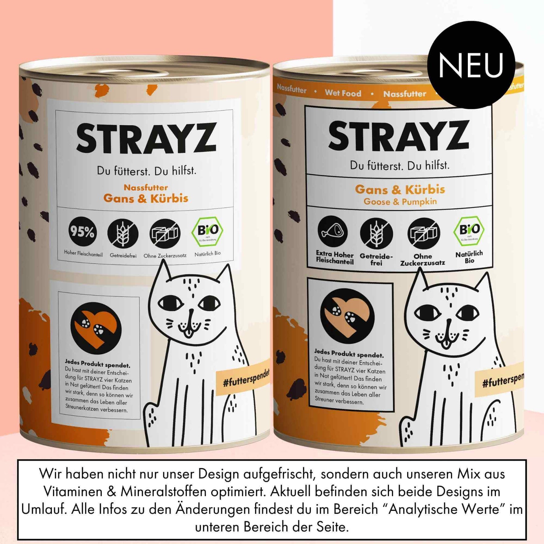 Auf diesem Bild ist das alte Design im Vergleich zum neuen Design vom Nassfutter für Katzen von STRAYZ Gans & Kürbis zu sehen.