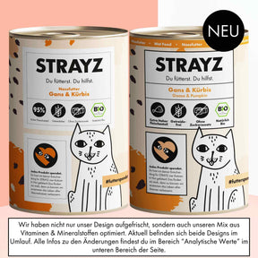 Auf diesem Bild ist das alte Design im Vergleich zum neuen Design vom Nassfutter für Katzen von STRAYZ Gans & Kürbis zu sehen.