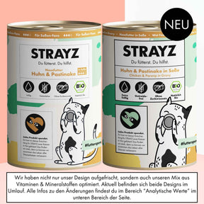 Auf diesem Bild ist das alte Design im Vergleich zum neuen Design vom Nassfutter für Katzen von STRAYZ Huhn & Pastinake in Soße zu sehen.