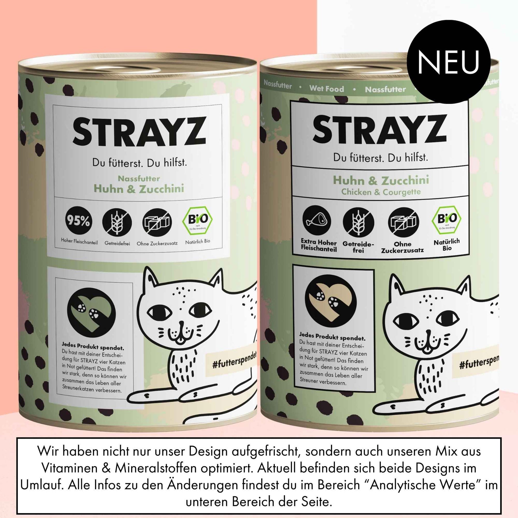 Auf diesem Bild ist das alte Design im Vergleich zum neuen Design vom Nassfutter für Katzen von STRAYZ Rind & rote Bete in Soße zu sehen.